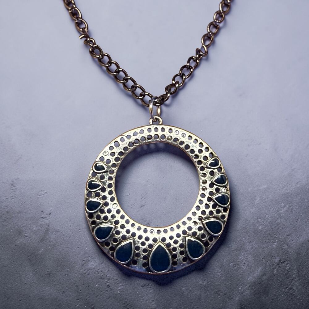 Handmade Vintage-Curated Blue Enamel Circle Pendant Necklace 22” Silver Tone